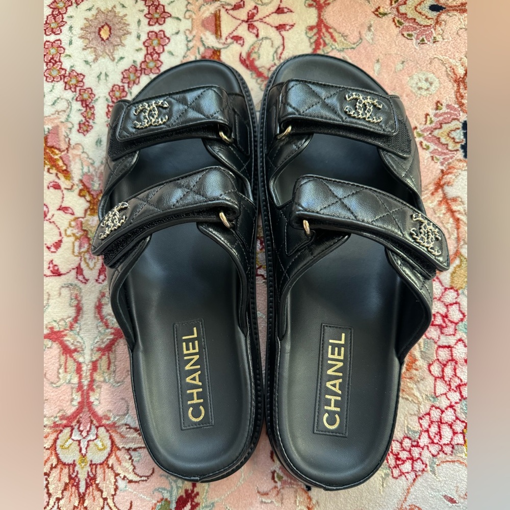 CHANEL Black Sandals with Silver Logo - Picture 3 of 14